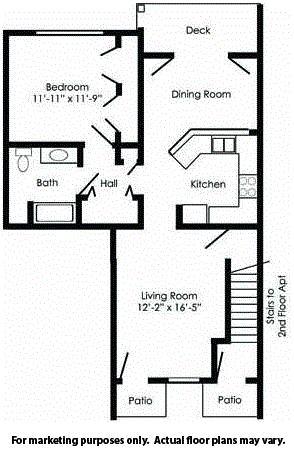 Floor plan for 1 bed, 1 bath, 765 sqft